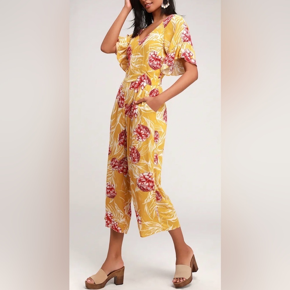 NWT Lulus Garden's Glory Mustard Yellow Floral Print Culotte Jumpsuit - Picture 2 of 16